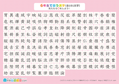 小学6年生の漢字一覧表（丸チェック表） ピンク A4